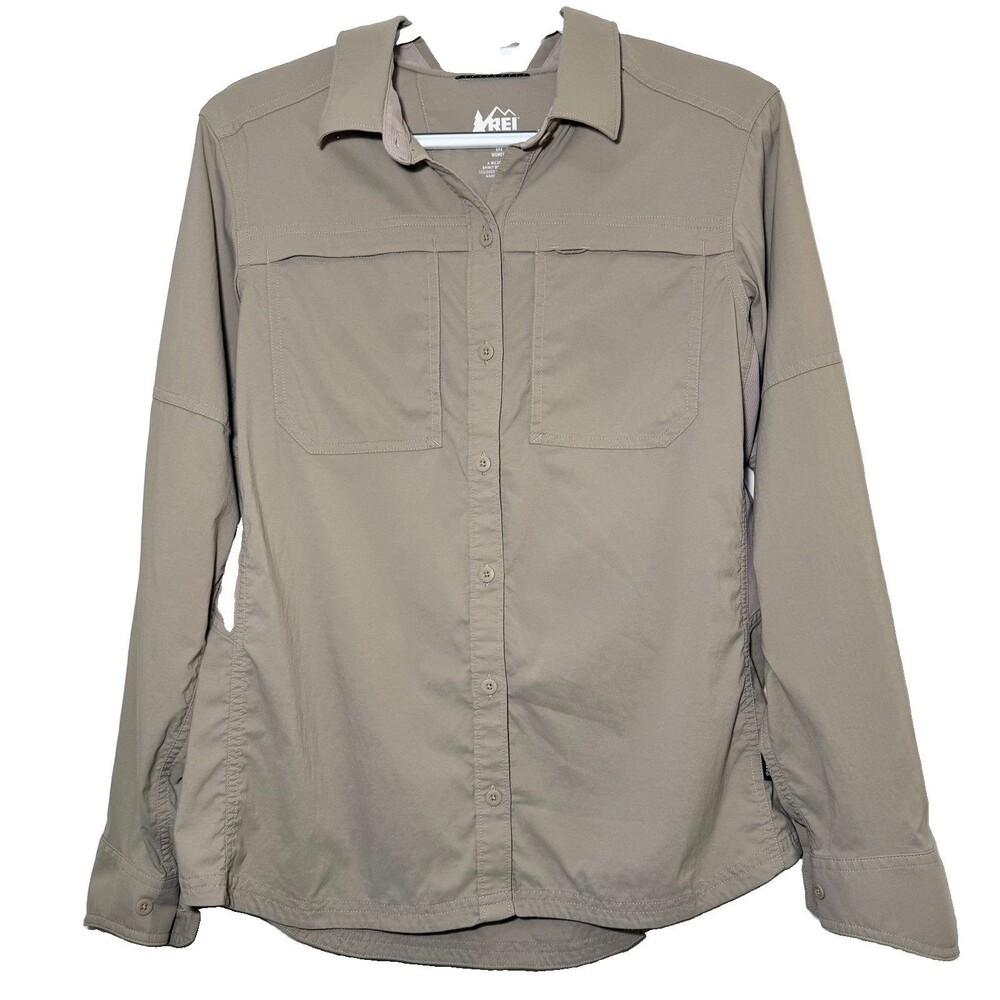 REI Co-op Women’s Medium Khaki Hiking Shirt Roll Tab Long Sleeve Stretch UPF